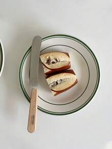 1 pièce Assiette sucrée style Ins avec ligne verte, assiette à gâteau en céramique de niche créative, assiette à steak salade petit déjeuner très attrayante, plateau domestique