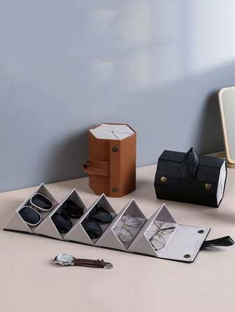 6 槽可折叠复古风格仿皮眼镜收纳盒，便携式旅行眼镜盒，易于清洁，特殊功能：无印花，未染色边缘 - 手提包配件 - 多色可选