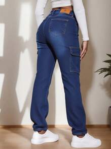 Jeans de Talle Alto en Azul - Estilo Bootcut con Bolsillos de Combate