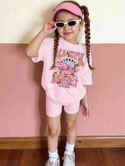 Toddler Casual Cartoon Print Short Sleeve T-Shirt And Shorts Set, Suitable For Summer Wear