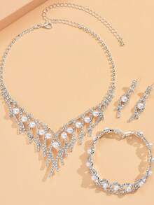 4 件套韩式珍珠首饰套装 - 项链、耳环和手链，优雅新娘婚礼派对配饰 - 白色 - 查看 3