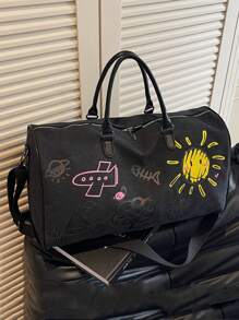 Thickened Canvas Cartoon Graffiti With Childlike Patterns, Wear-Resistant, Multi-Level, Large Capacity, Ultra Light, Foldable, Multifunctional, Zippered Shoulder Crossbody Handbag, Travel Bag, Luggage Bag Bag For School School Accessories School Stuff