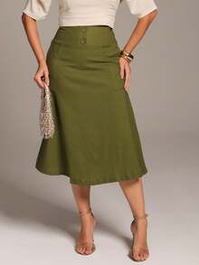 Flared Linen Midi Skirt With High Waist Pocket Detail - 軍綠色 - 查看 1