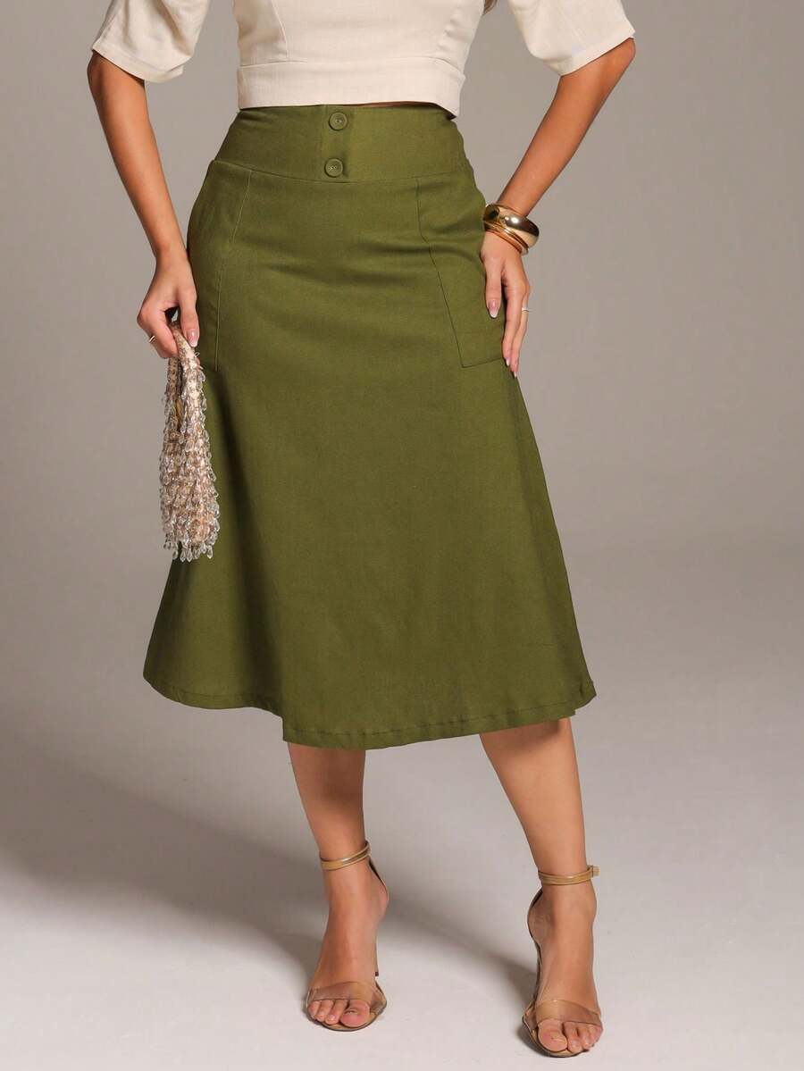 Flared Linen Midi Skirt With High Waist Pocket Detail - 軍綠色 - 查看 1