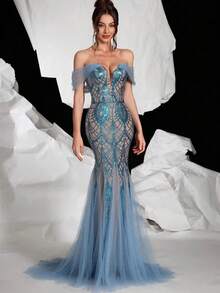 Elegant Backless Sequins Mermaid Prom Dress With Spaghetti Straps - Màu xanh nhạt - Xem 3