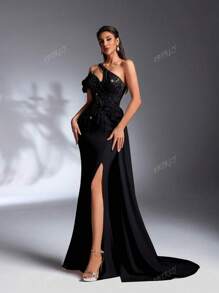 IBTRLY Vestido maxi elegante para fiesta con escote asimétrico, decoración floral en 3D y volantes laterales