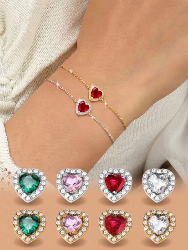 Esberry 1PC Simple Exquisite Heart Shape Birthstone Bracelet For Women S925 Sterling Silver 12 Month Personalized Bracelet Fine Jewelry Birthday Gift