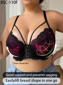 Sujetador de lencería con cierre delantero y combinación de encaje para mujer de talla grande, suave y cómodo con soporte de aros