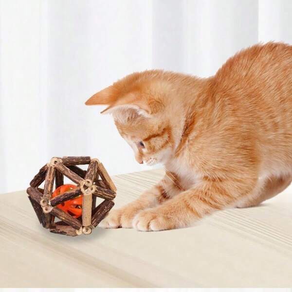 1pc New Exquisite Ball Wood Tianliao Bite-Resistant Teeth Cleaning Self-Entertainment Cat Toys Teething Stick Cat Braided Ball Bell Ball Cat Toys Cat Pet Supplies
