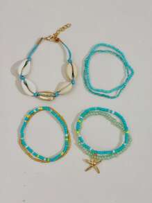 7pcs/Set Bohemian Style Shell & Bead Decor Hand Chain With Starfish Pendant, Women Bracelet Set (Random Bead Colors)