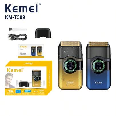 Kemei Afeitadora eléctrica para hombres KM-T389, afeitadora eléctrica rotativa para hombres, equipada con dos cabezales flotantes, uso en seco y húmedo, IPX7 impermeable, diseño rotativo, con pantalla LED, recortadora de barba, carga USB tipo C, diseño inalámbrico