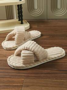 Women's Crossover Dual Band Open Toe Slippers, Comfortable & Stylish Plush Fur Slide Sandals For Indoor/Outdoor, Suitable For Parties, Home, Vacation - EVA Sole, Flannel Material, Washable - Couples Version
