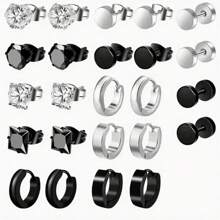 12pcs/Set Men's Punk Style Stainless Steel Earring Studs Set, Creative & Fashion Jewelry Ear Piercings For Men