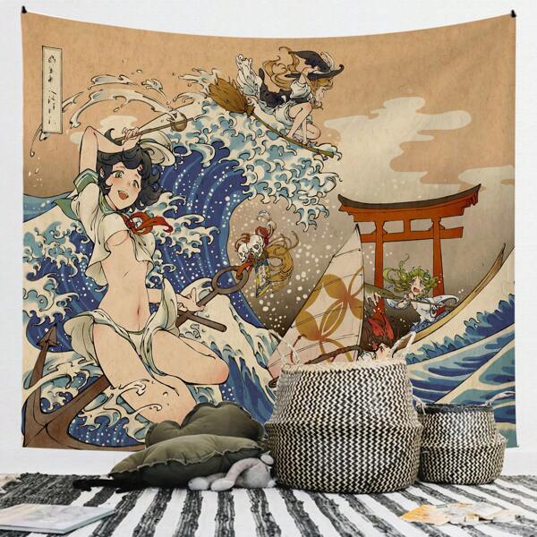 Pano para Decoração de Parede de Veludo Peach Ukiyo-E Japonês com Onda, 90g/m², Tapeçaria Decorativa para Quarto, Bottom de Quarto de Dormitório
