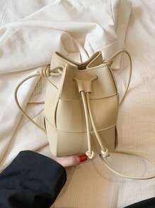 Mini Casual Woven Crossbody Shoulder Bag, Drawstring Bucket Bag, Plain Color PU