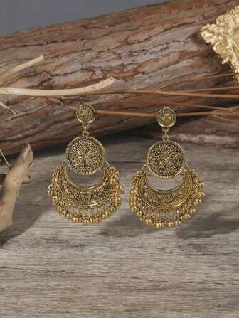 1 Pair Bronze-Tone Vintage Floral Patterned Bohemian Earrings