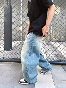 Blugi bărbătești vintage, spălați, albaștri, cu croială dreaptă, pantaloni streetwear casual, stil versatil