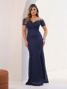 Long Off-The-Shoulder Party Dress In Shiny Lace - Navy Blue - View 3