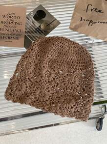 1pc Casual Boho Polyester Knitted Hollow Pearl Flower Handmade Beanie Hat, Lightweight 4 Season, Sweet & Cute Korean Style For Women