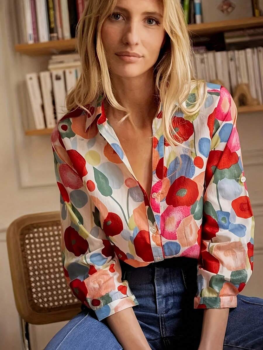 Women's Floral Print Button Front Shirt, Boho Tropical Style, Casual Long Sleeve Shirt, All Season, Daily Wear, Women's Clothing Fitted Top - 紅色 - 查看 1