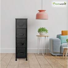 Narrow Storage Dresser With Four Drawers: Wood Surface, Sturdy Steel Build - Black - View 7