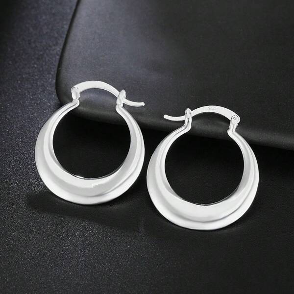 1 Pair Silvery Plated Plain Hoop Half-Moon Earrings Fashionable Jewelry For Women; Women's Hoop Earrings