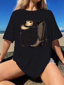 Cowboy Rope LINE DANCE TIME Pure Cotton Women's Fashion T-Shirt - 黑色 - 查看 1