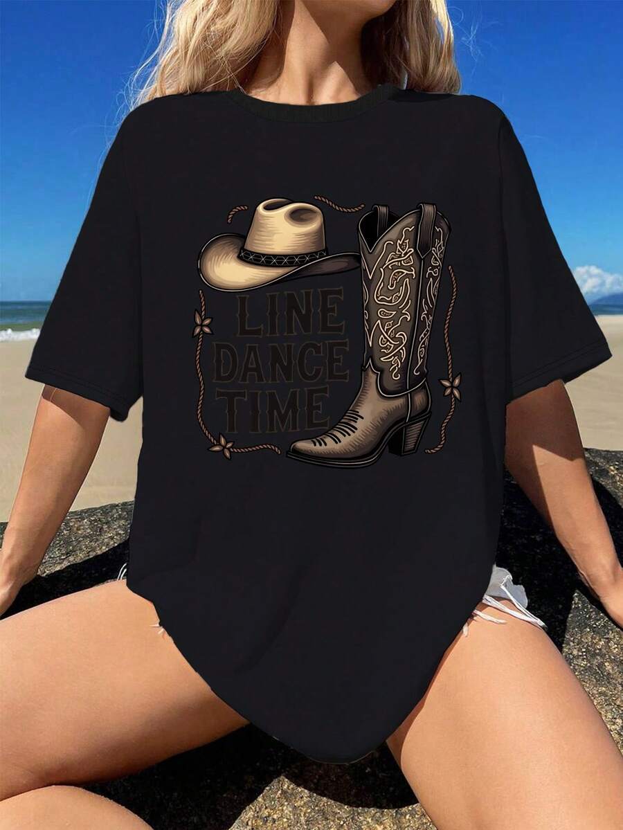 Cowboy Rope LINE DANCE TIME Pure Cotton Women's Fashion T-Shirt - 黑色 - 查看 1
