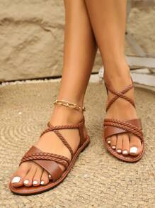 Girl's New Elegant Casual Handmade Woven Plain Crossed Strap Flat Sandals, Suitable For Beach, Vacation, Spring & Summer Trip, Available In Chic White, Cool Black, And Warm Brown