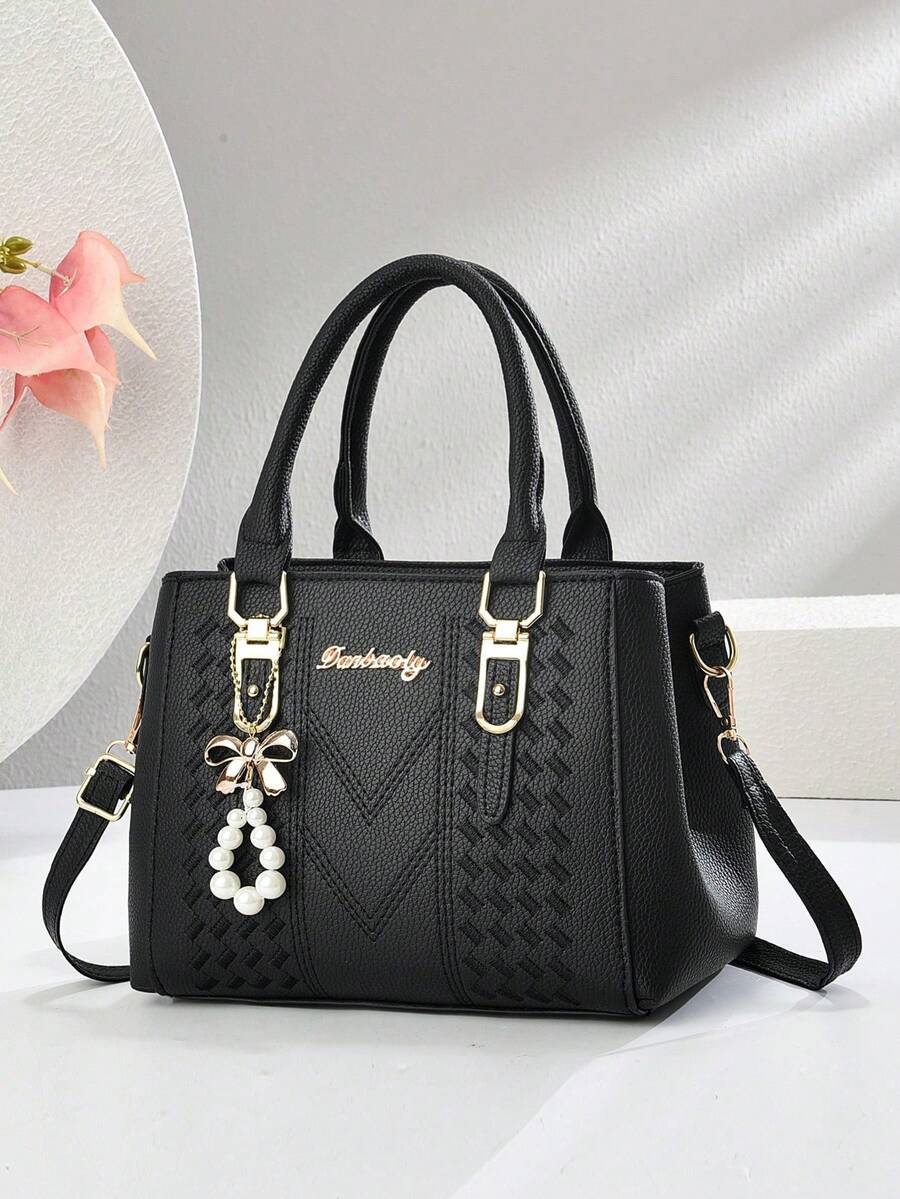 时尚刺绣简约百搭女士手提包，配有吊坠配饰 - 黑色 - 查看 1