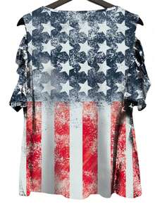 Women's Zipper Flag Printed Comfortable Casual Short Sleeve T-Shirt - Baby Blue - View 3