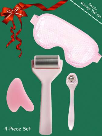 4件套面部护理工具套装，包含不锈钢按摩冰滚轮、凝胶眼膜、金属球眼霜涂抹器和天然树脂刮痧板，面部护理工具，居家放松SPA套装，送给家人、女友、万圣节、圣诞节的礼物