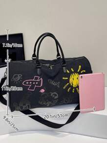 Thickened Canvas Cartoon Graffiti With Childlike Patterns, Wear-Resistant, Multi-Level, Large Capacity, Ultra Light, Foldable, Multifunctional, Zippered Shoulder Crossbody Handbag, Travel Bag, Luggage Bag Bag For School School Accessories School Stuff