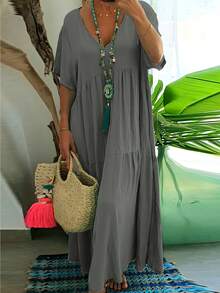 Plus Size Casual Loose V-Neck Solid Color Maxi Dress For Women - Dark Grey - View 1