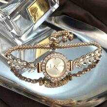 1pc Women's Bling Rhinestone Wheat Ears Alloy Watch Band, Alloy Round Case With Crystal Sunburst Dial, Classic Fashionable Sparkling Quartz Watch