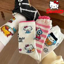 Sanrio 1Pair Sanrio For Hello Kitty & Friends Women'S Kawaii Cat Crew Socks - Cute Cartoon Designs, Breathable Polyester, Perfect For Work & Casual Wear, Available In Multiple Colors, Cute Socks