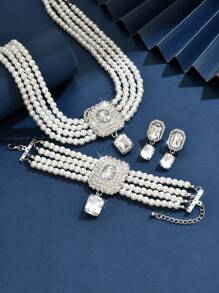 3 PiecesFaux Pearl Happiness Flower Wedding Necklace Earrings Jewelry Set Suitable For Dinner Party Brides Wedding Accessories