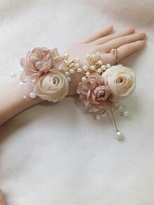 1pc Chest Flower + 1pc Wrist Flower Unisex Rose Flower Print Vintage Elegant Boutonniere & Corsage Set, Champagne Color Camellia Decoration, Suitable For Wedding, Prom, Party, Daily Wear Valentine's Day Accessories - Multicolor - View 13