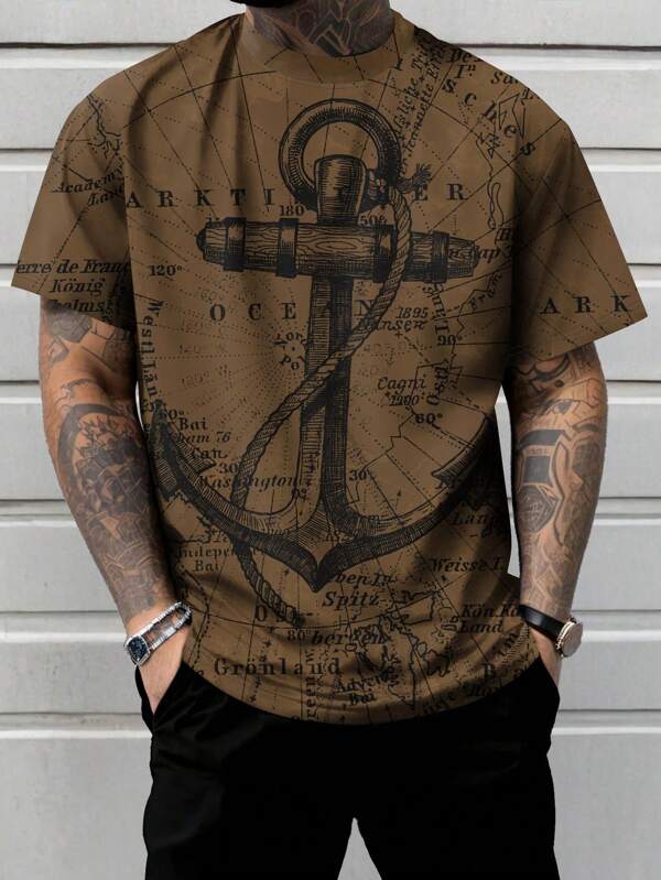 Plus Size Men's Anchor & Nautical Map Graphic Round Neck Short Sleeve T-Shirt