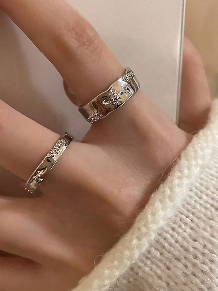 2 件套银色素面戒指，镶嵌锆石，简约情侣戒指，适合时尚个性化手指