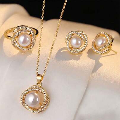 Juego de 4 piezas de joyería de acero inoxidable que incluye collar, aretes, anillo, collar elegante retro de perlas falsas decorado con pétalos de rosa y rhinestones, adecuado para uso diario/fiesta y regalo del Día de San Valentín para mujeres