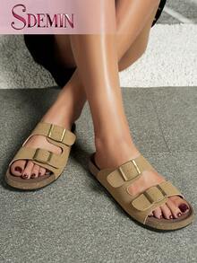 SDEMIN Flat-Bottomed Cork Slippers With Buttons, Summer Men's And Women's Beach One-Line Double-Row Buttons, Fashionable And Versatile Outdoor Casual Sandals - Brown - View 4