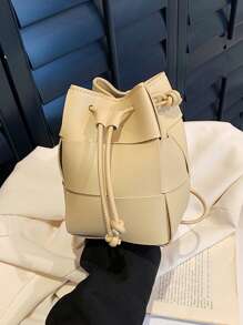 Mini Casual Woven Crossbody Shoulder Bag, Drawstring Bucket Bag, Plain Color PU