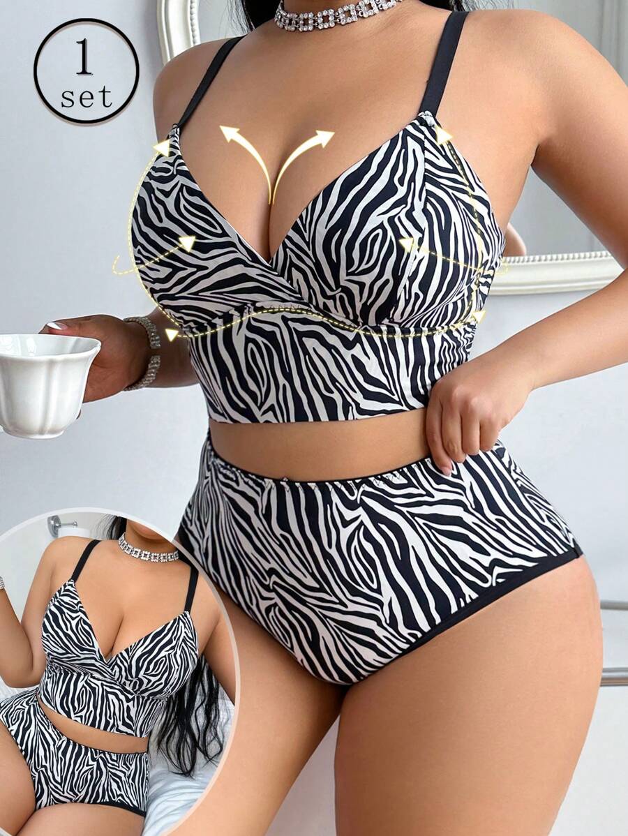 Plus Size Women Zebra Print Bra And Panty Set, Wireless Soft & Comfortable Lingerie Set