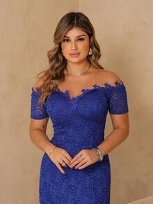 Long Off-The-Shoulder Party Dress In Shiny Lace - 寶藍色 - 查看 5
