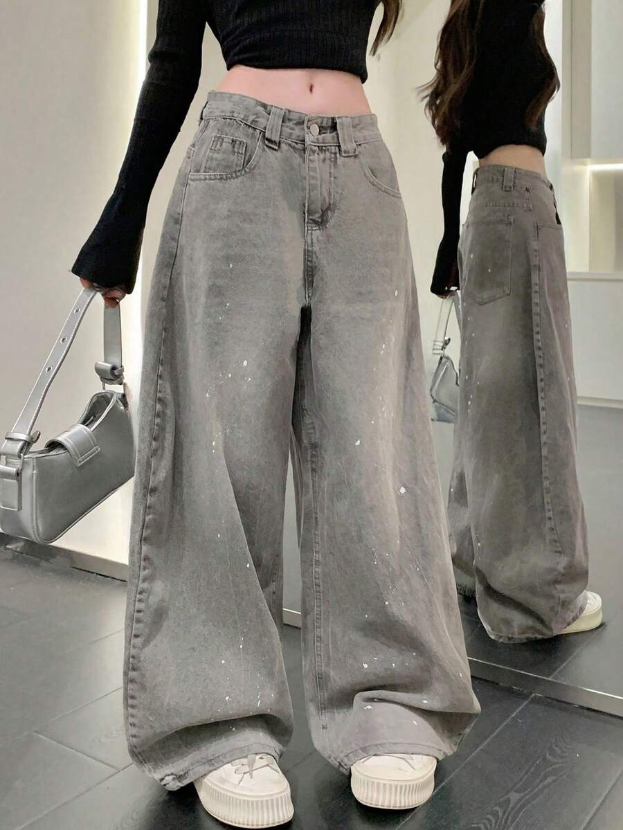 Water-Washed Splatter Design Women's Jeans, Loose Relaxed Fit Flared Wide Leg Drop Cuff Pants, Random Splatter