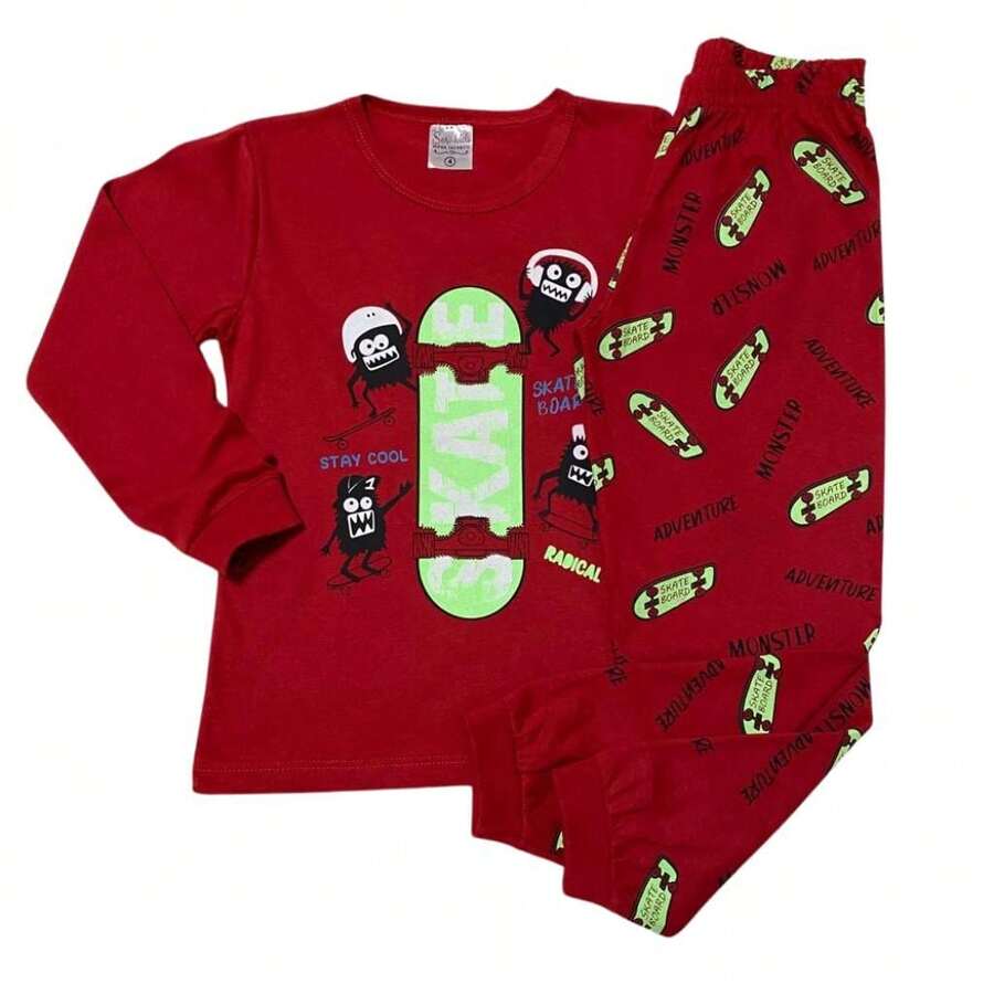 Children's Pajamas Long Sleeve T-Shirt 100% Cotton + Pants Children's Clothing For Boys - 紅色 - 查看 1