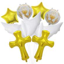 Conjunto de 8 balões de alumínio para comunhão/batizado, com padrão de cruz e pentagrama, adequados para decoração de festas de batizado, comunhão e batismo, em ambientes internos e externos