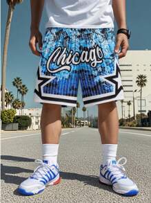 1 pieza Pantalones cortos de rodilla, estilo casual y de moda con estampado de Chicago, olas y estrellas, para niños, primavera/verano