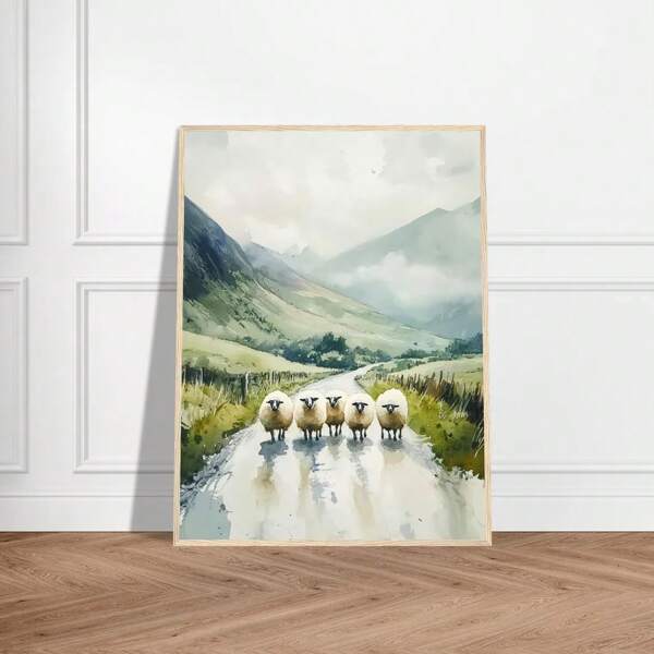 1pc, Wall Arts,Modern Posters, Irish Sheep Watercolor Print Irish Landscape Wall Art Print Country Road Artwork Green Agriculture Farmhouse Canvas Painting Unframed ,Wall Art With Frame